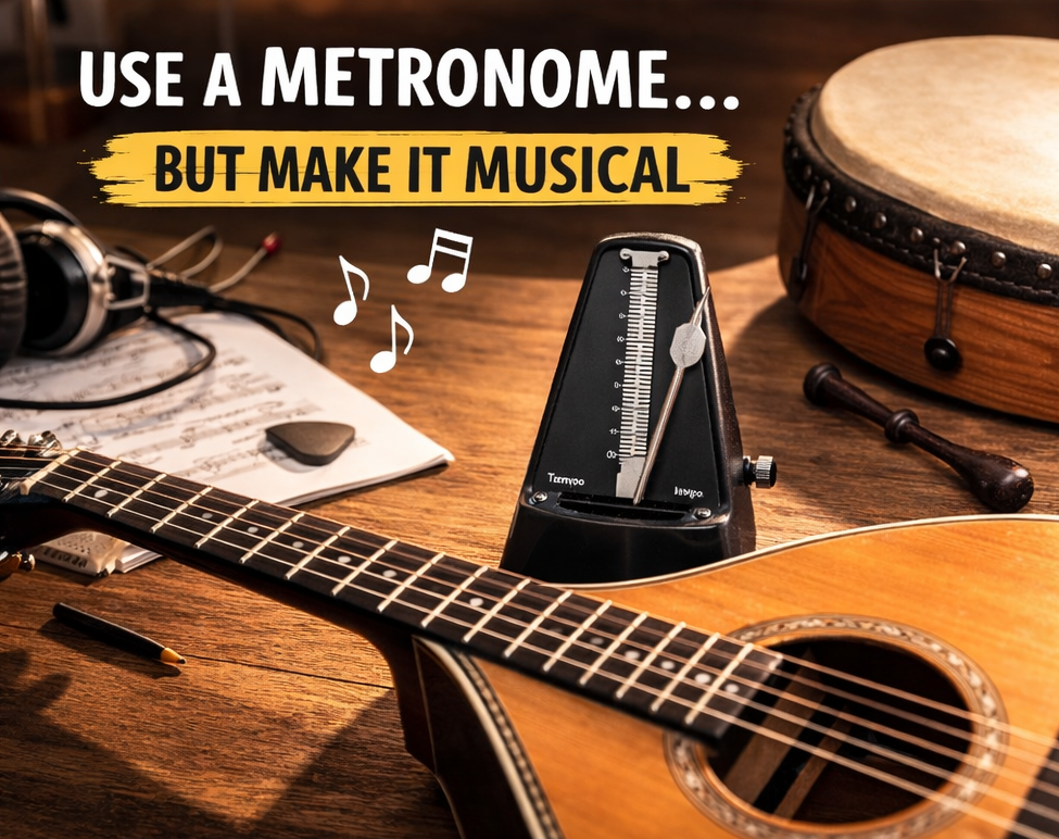 Irish bouzouki on wooden desk beside metronome and bodhrán for musical timing practice.